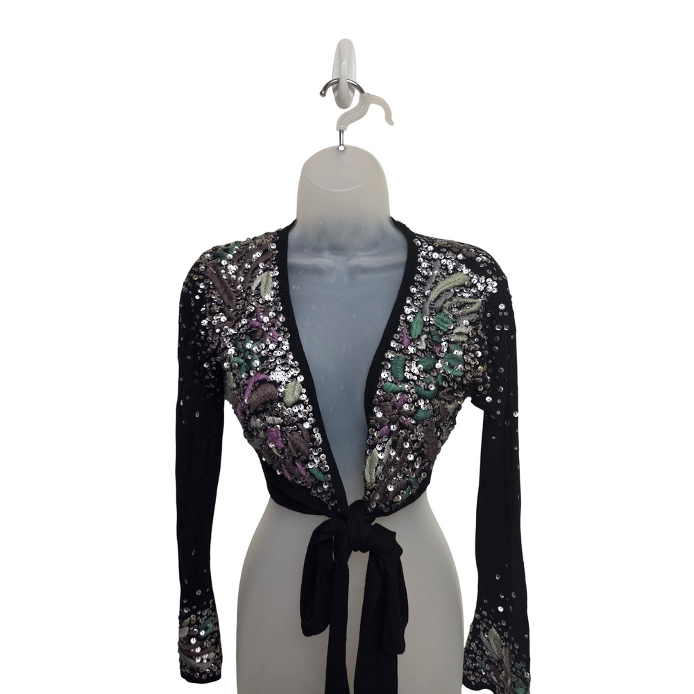 Y2K Black Sequin Beaded Tie Front Crop Top Bolero Cardigan Sheer Floral S Party‎